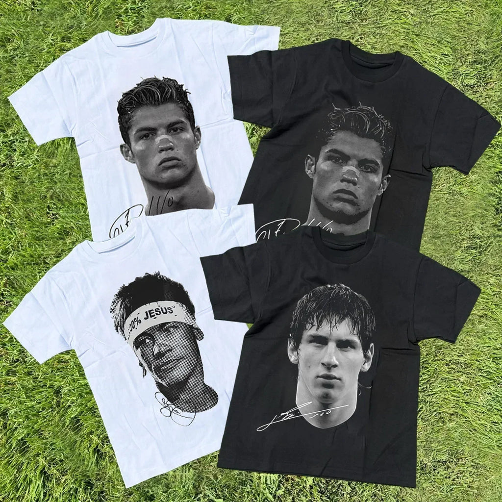 Cristiano Ronaldo Neymar Lionel Messi Football Superstar Portrait Printed Tee Men Women  Loose Casual Short Sleeve Tshirt
